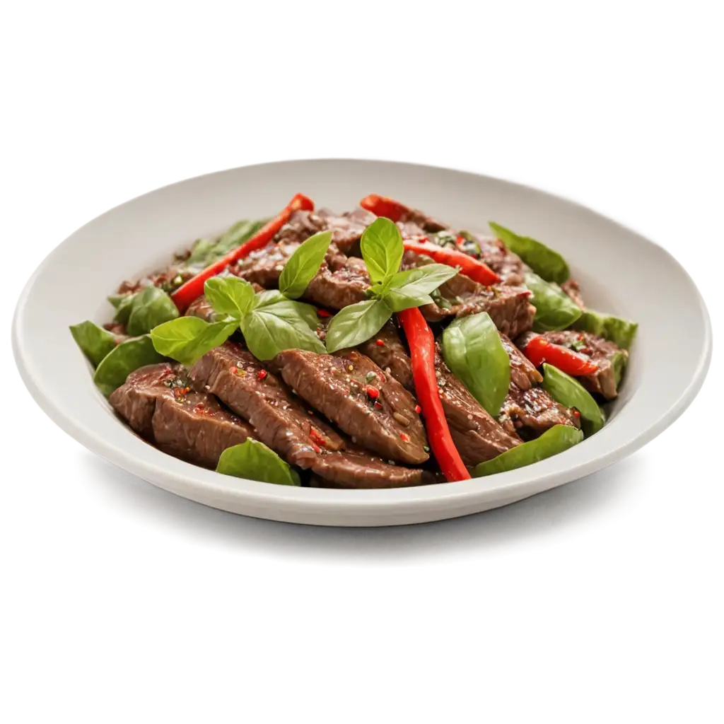 appetizing ready food from beef in one dish with addition of sliced green and red sweet peppers, sprinkled with greenery, view from above