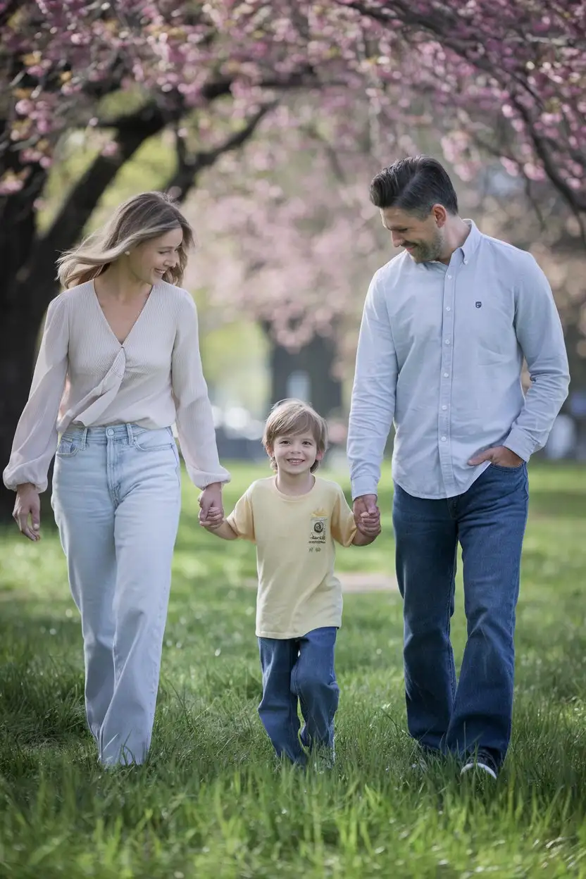 A smiling family of three (mother, father, and a young son) walking hand-in-hand through a park with blooming cherry blossom trees. The mother is wearing light-wash jeans and a flowy white blouse. The father is in dark-wash jeans and a light blue button-down shirt. The son is wearing jeans and a yellow t-shirt with a small graphic. Soft morning light, focus on their connection and happiness.