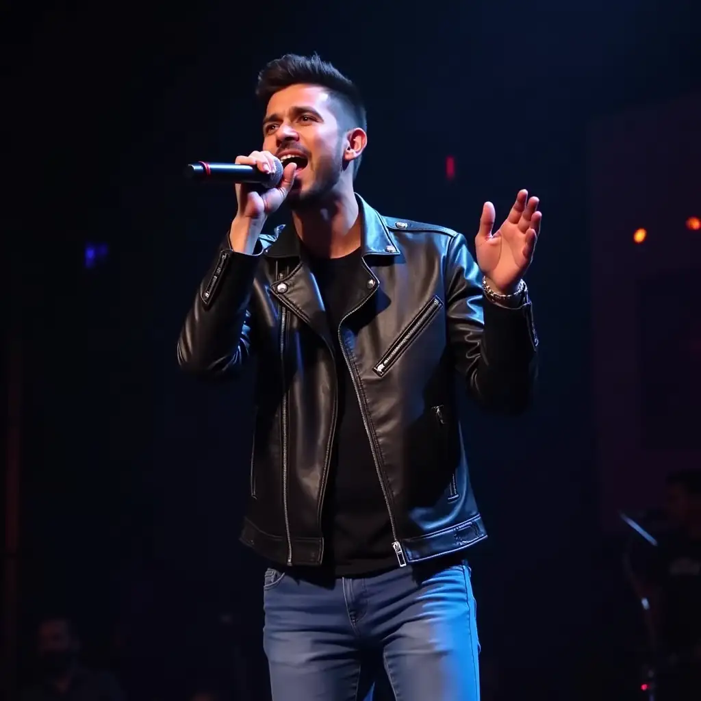 A Malay man is singing on stage, wearing a leather jacket and blue jeans