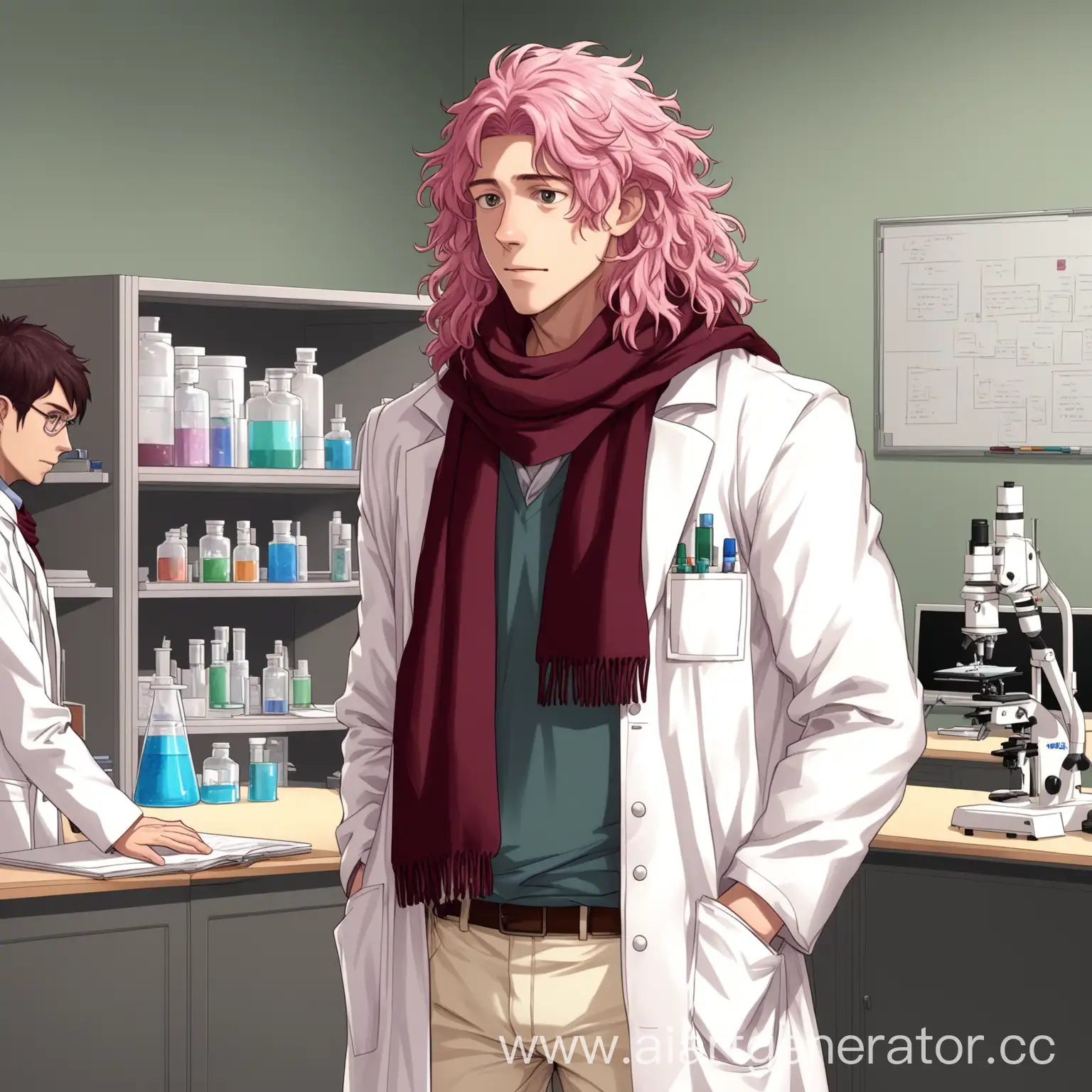 Biology-Teacher-with-Pink-Fluffy-Hair-in-Lab-Coat-and-Scarf