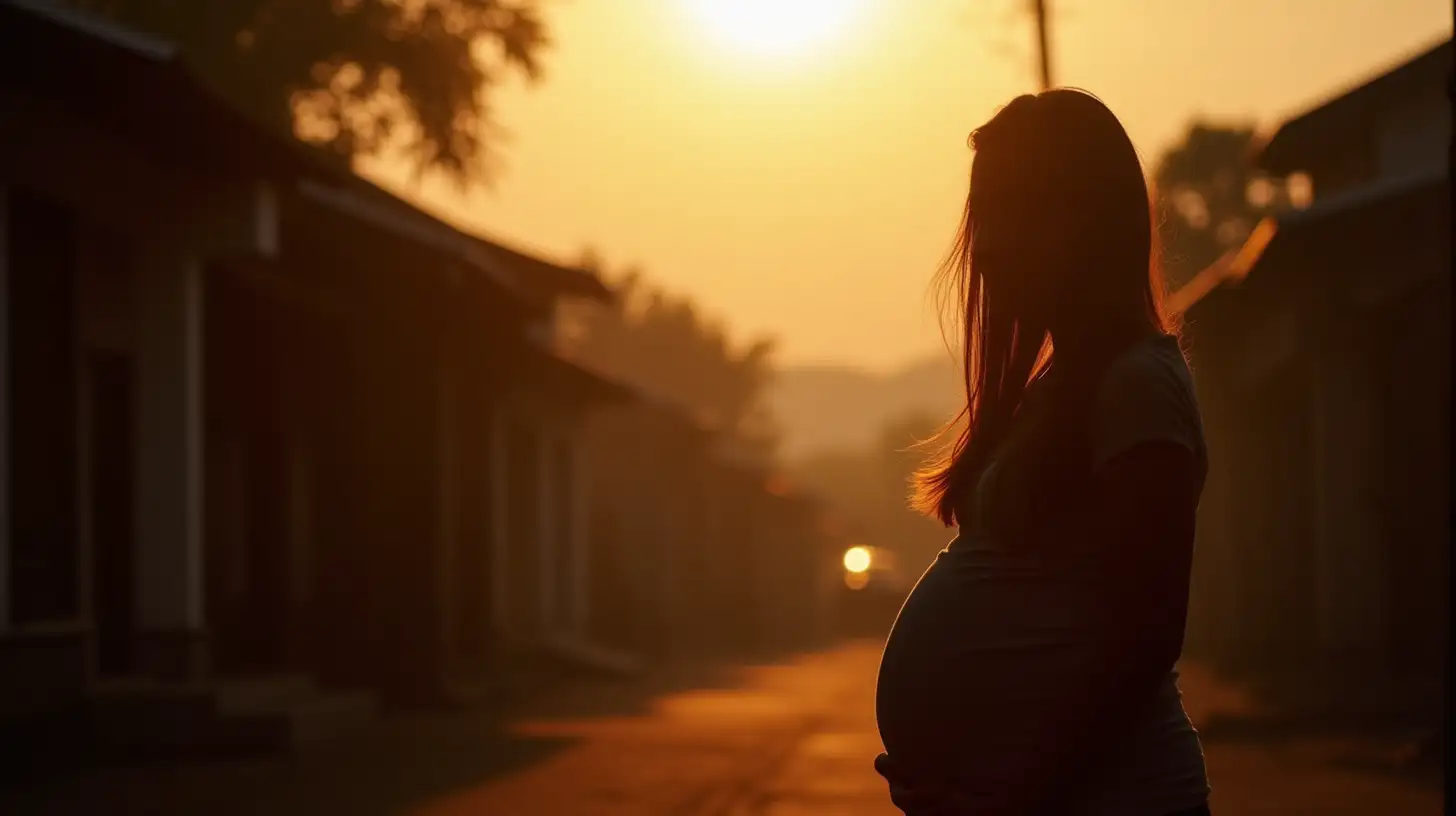 Silhouette of Pregnant Young Woman in Town Scene