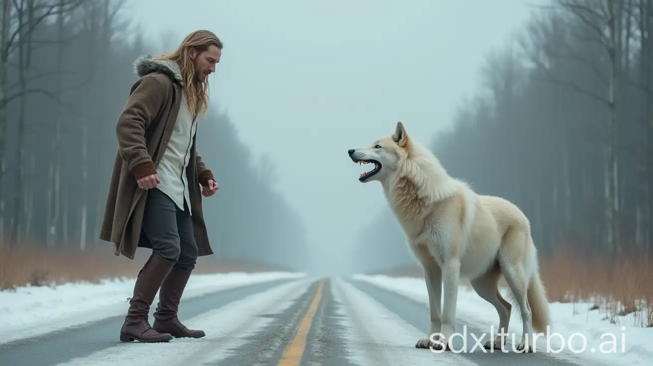 Heroic-Man-Confronts-Majestic-White-Wolf-in-a-Winter-Forest