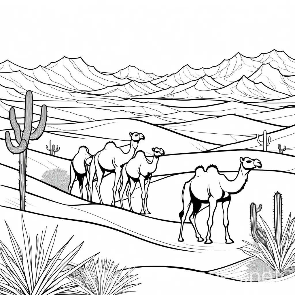 Camels-and-Cacti-in-a-Black-and-White-Desert-Scene-for-Kids