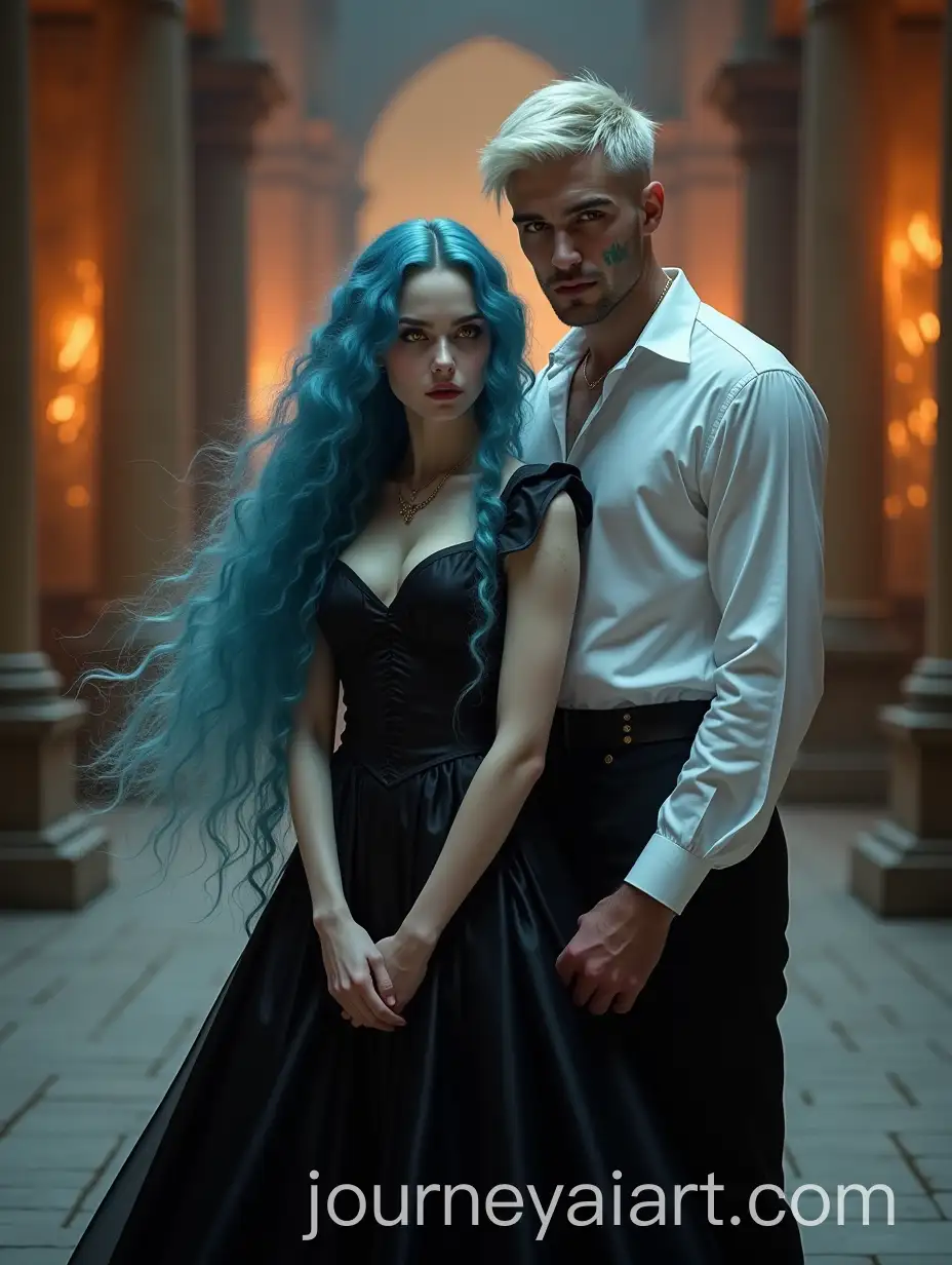 Fantasy-Couple-in-Cathedral-Hall-with-Magical-Lighting-and-Dark-Aesthetic