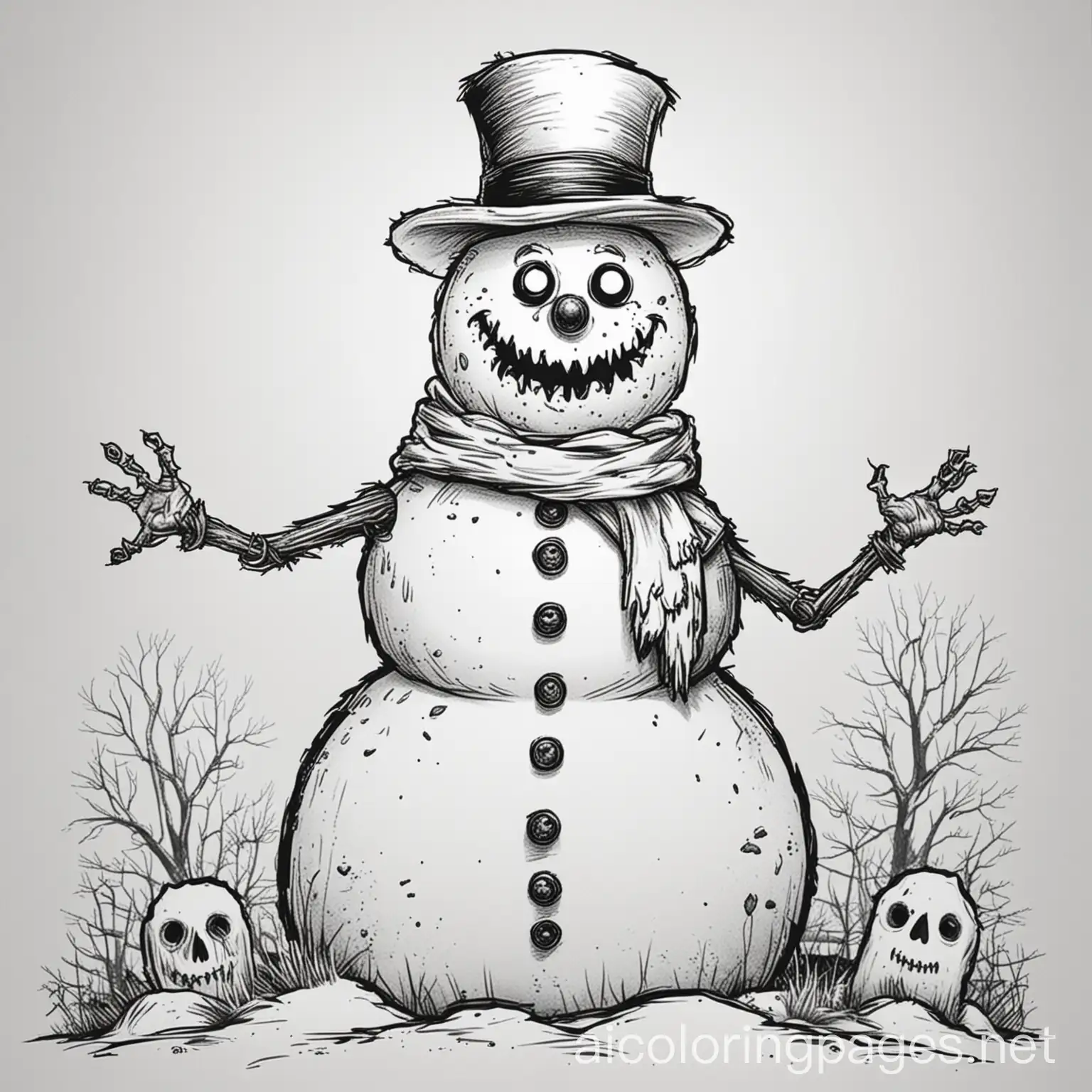 Zombie-Snowman-Coloring-Page-for-Kids-Simple-Line-Art-on-White-Background