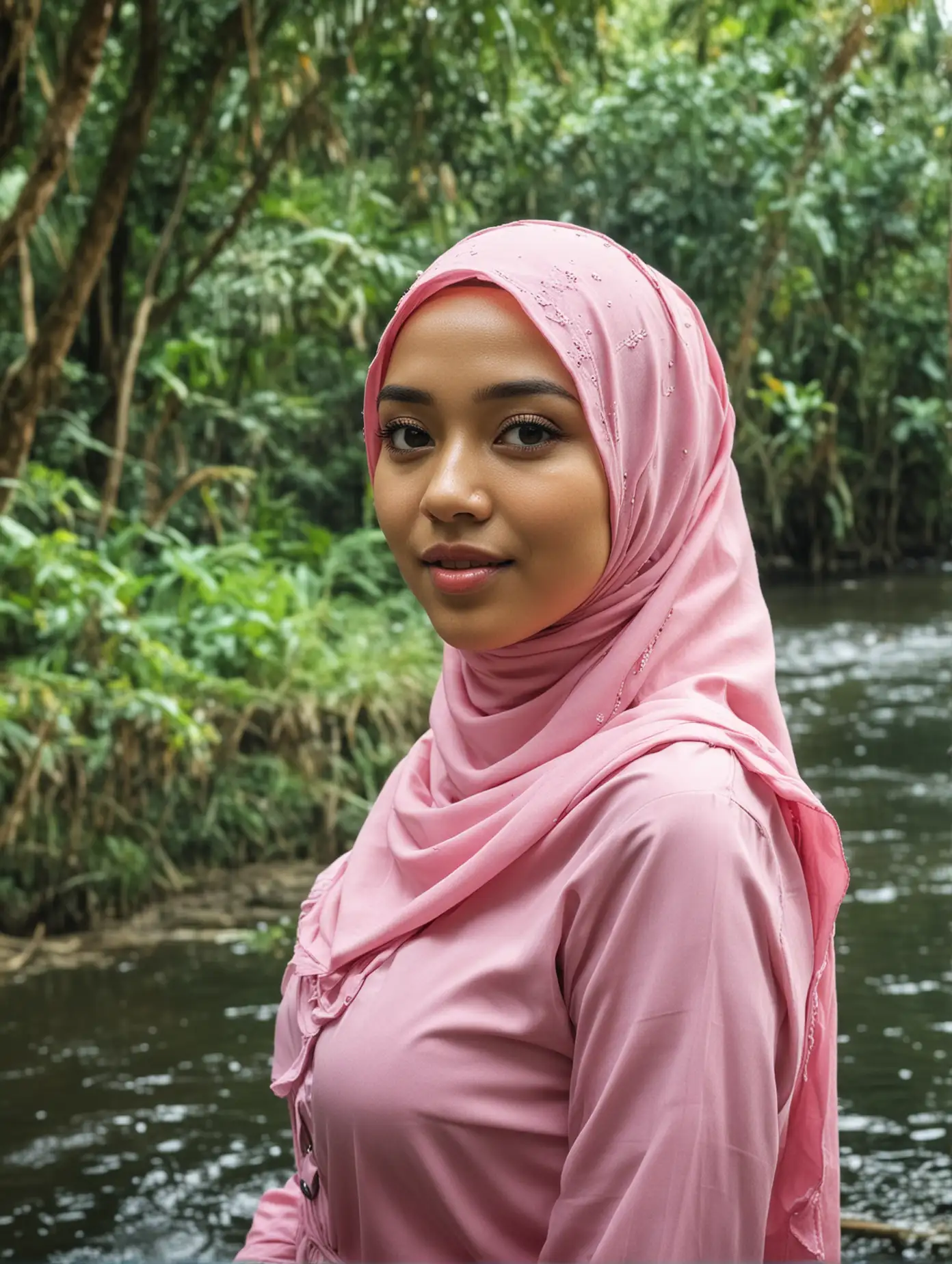 Indonesian-Woman-in-Pink-Hijab-at-Jungle-Riverside