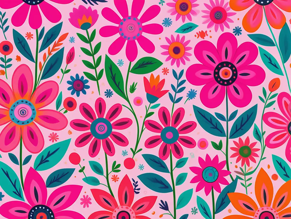 Playful Pink Folk Art Flowers on Bright Pastel Background