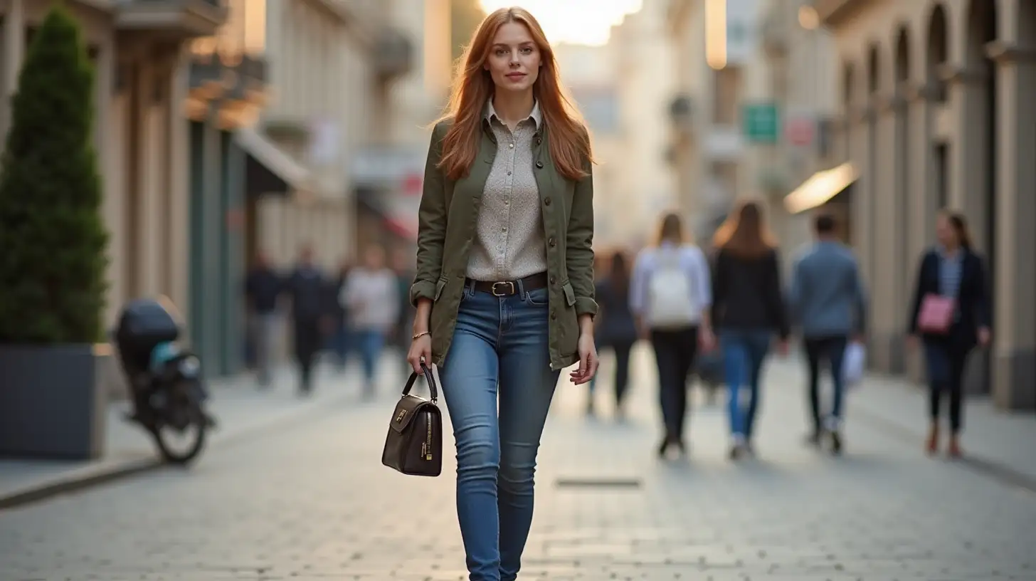 Fashionable Young American Woman with Mini Purse on Urban Street