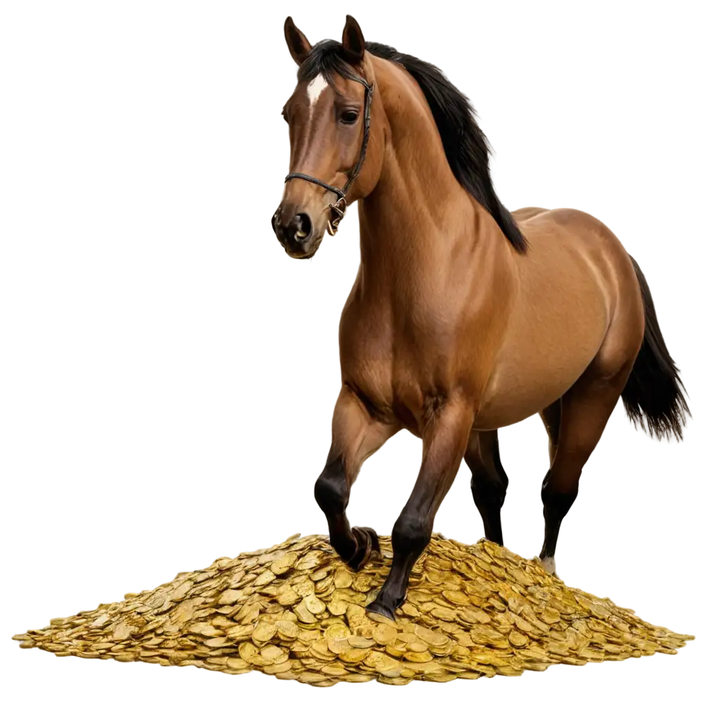 Majestic-Horse-Stomping-on-a-Pile-of-Gold-Coins-PNG-for-EyeCatching-Visuals