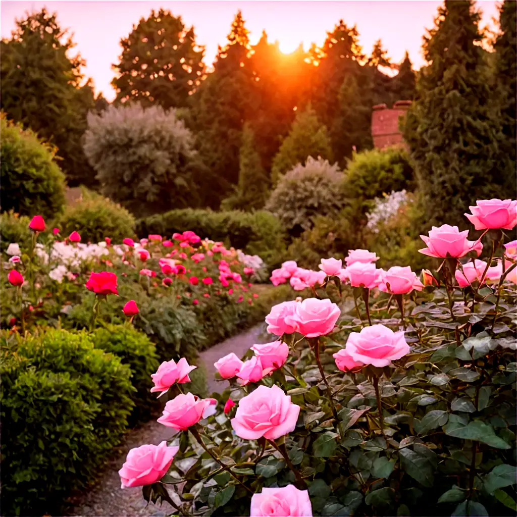 Sunset-Garden-with-Various-Types-of-Roses-HighQuality-PNG-Image
