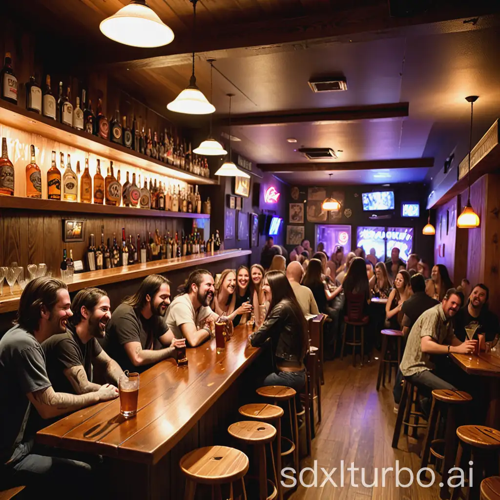 A bar with wooden tables and many people smiling and drinking serveja. A Nirvana guitar hung on the wall.