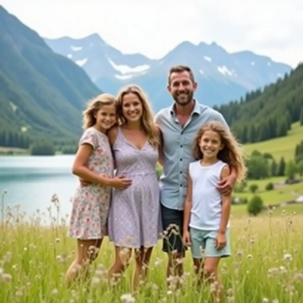 a photo of a happy family. The family consists of mom, dad, an older daughter and a son. The children are under 12 years old. The whole family is on the meadow. There are mountains and a lake in the background. They are dressed for summer.