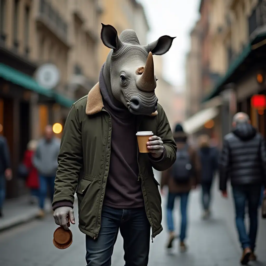 Man with rhino head, walking on street, drink cofee