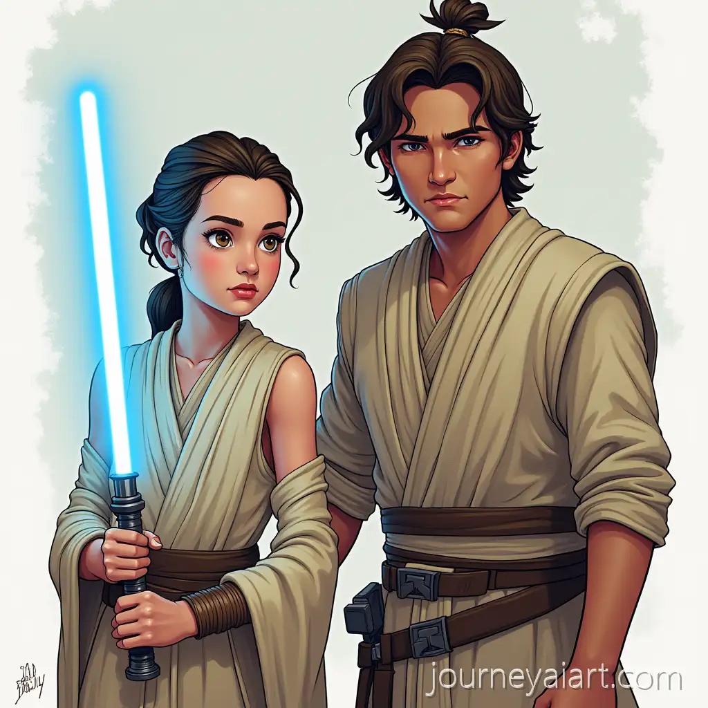 Rey-with-Blue-Lightsaber-and-Luke-Skywalker-in-Action