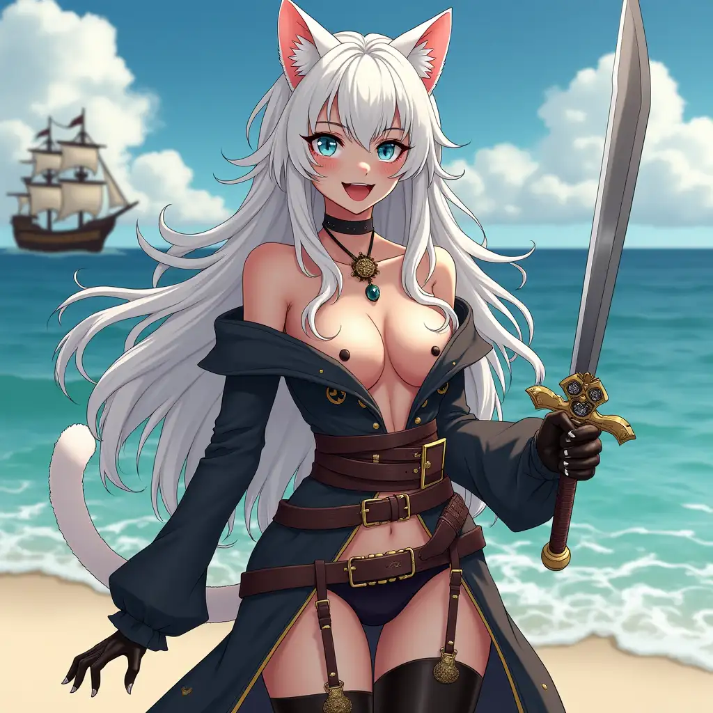 A mature adult feline/woman dressed as a pirate with a sword on a beach.  A pirate ship in the background. Her 30-something years are disguised by her youthful facial features, except for her subtle wrinkles around the eyes, extremely slender body. Her ample bosom strains against her clothing, threatening to burst free from the fabric, extreme cleavage.  Wearing black thigh high pirate boots. She has piercing blue cat eyes. A choker adorns her neck, a subtle hint at her feline nature. Her long, white hair cascades down her back like a wild waterfall, tangled and disheveled. Her cat-like teeth glint in the light, as her white fur-lined ears punctuate her visage with sparkling black and gold earring adorns each ear, adding a touch of elegance to her feline features. Cat whiskers on her face. The attached tail at the base of her spine stirs lazily.  Long fingernails. Full body view. Anime.