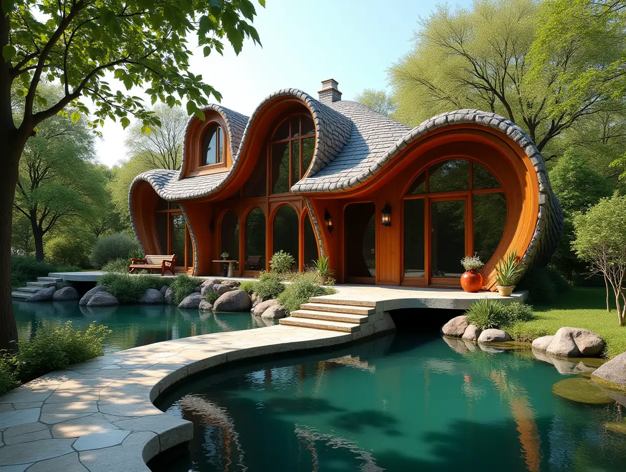 crooked house pond in the garden  Wood decoration Stuck in Form of,large windows with glass to, curved, smooth window shapes, winding large entrance steps of marble Complex curved roof with dike,Lanterns,Bench apple tree 4K resolution Colorful superWide-angle shots