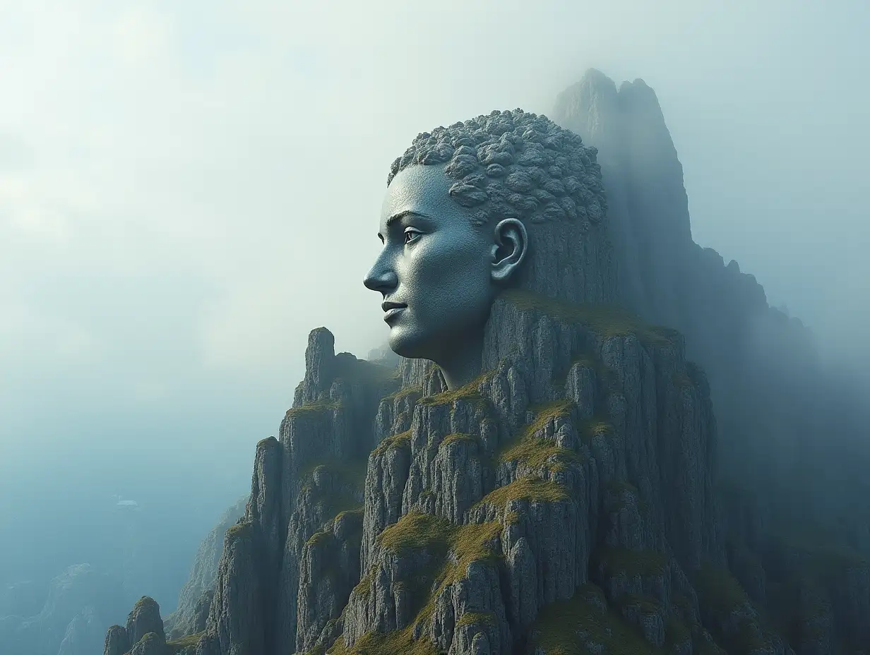 Face transformed into a building on a high mountain