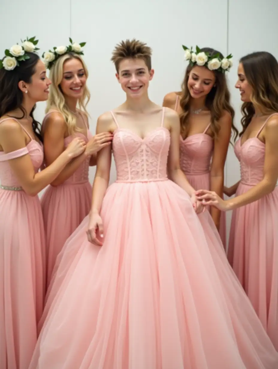 Teenage-Boy-in-Pink-Bridesmaid-Dress-with-Supportive-Sister-and-Friends