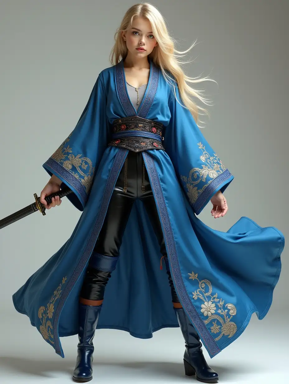 Pretty-Young-Female-Warrior-in-Embroidered-Blue-Robes-with-Wakizashi-and-Short-Sword