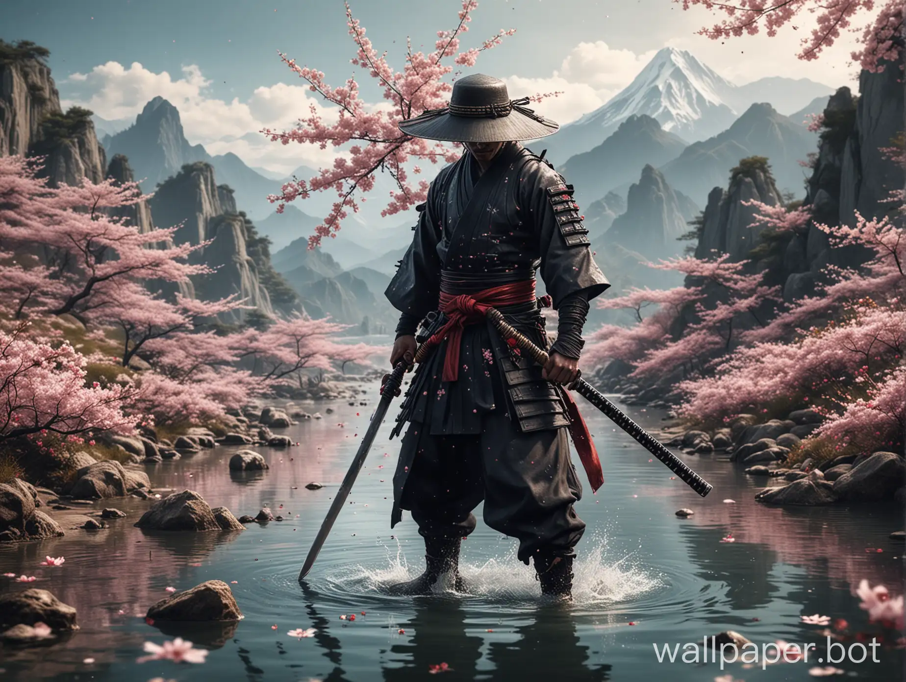 Create a wallpaper where a samurai is holding is katana in a water are just after assasinting someone very bug and scary mountains in the side and walking in the shallow water wearing a hat and showing his hat. Make the image look very relaistic wuth cherry blossoms in the side