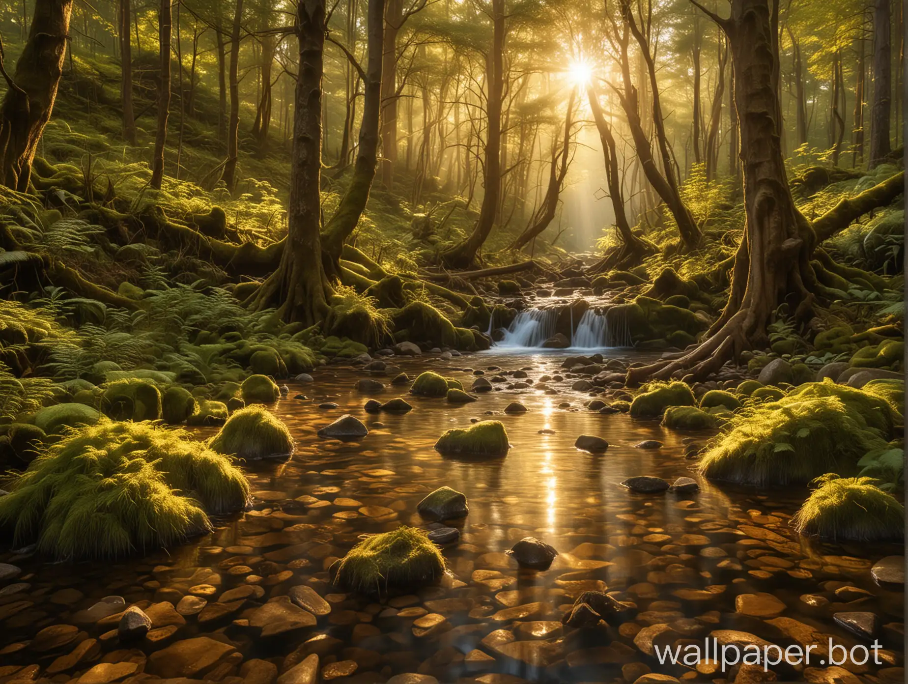  "A dense, ancient forest bathed in soft, golden sunlight, with a crystal-clear stream flowing through it."