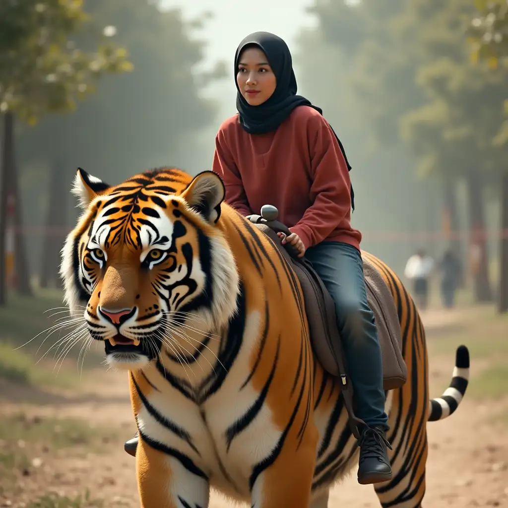 A woman in a hijab wearing a red shirt riding a big tiger