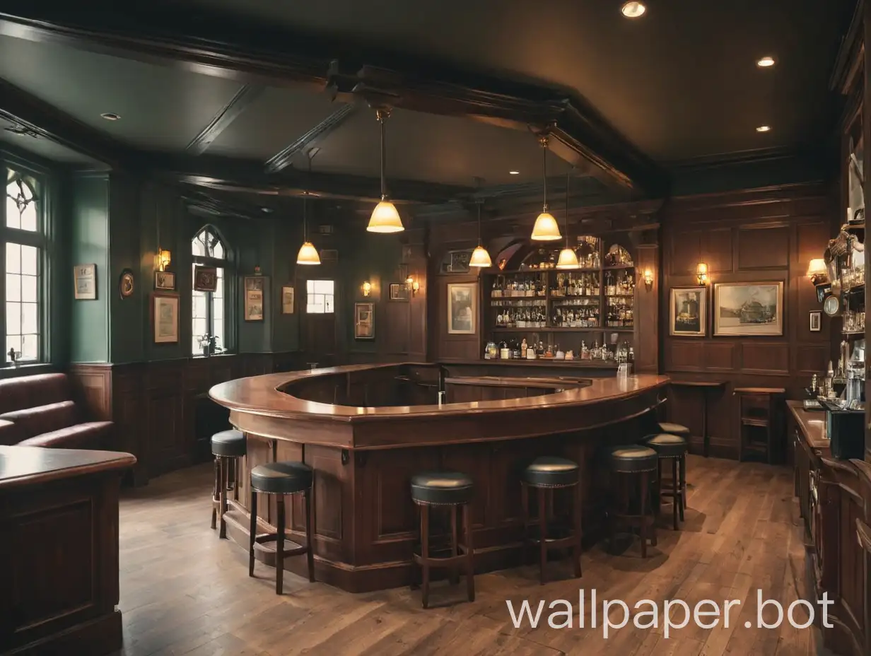 Interior of empty contemporary Irish pub with a short counter in the front left side and large space on the right side