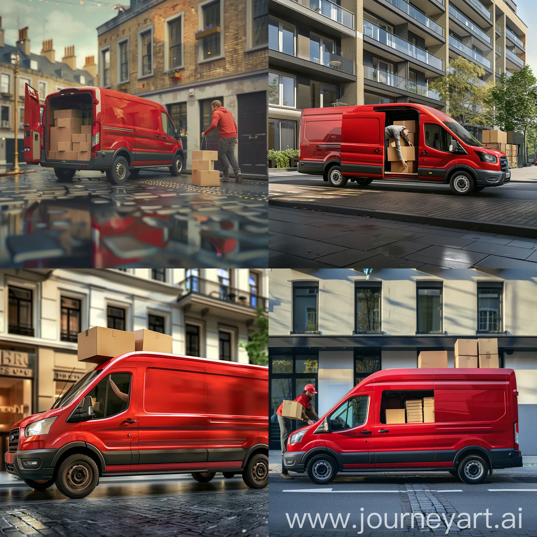 Courier-Unloading-Cardboard-Boxes-from-Red-Ford-Transit-Van