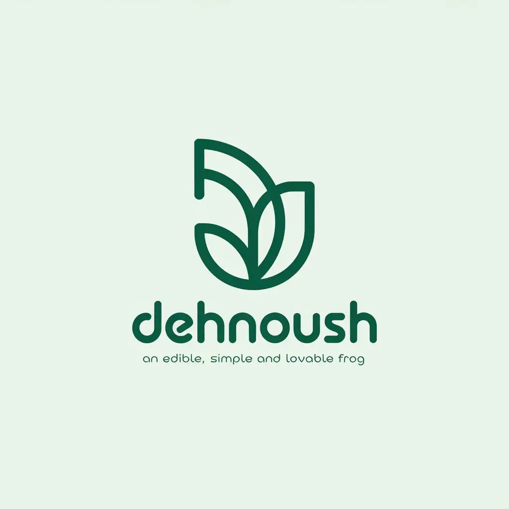 a vector logo design,with the text "dehnoush", main symbol:To induce a sense of simplicity and health along with the reminder of products: rice, walnuts, dried fruits, nut butter and generally healthy rural products. The outline should be in the form of a leaf. Brand name: Dehnoush Brand slogan: An edible, simple and lovable frog The color theme of the brand is dark and light green.,Moderate,clear background