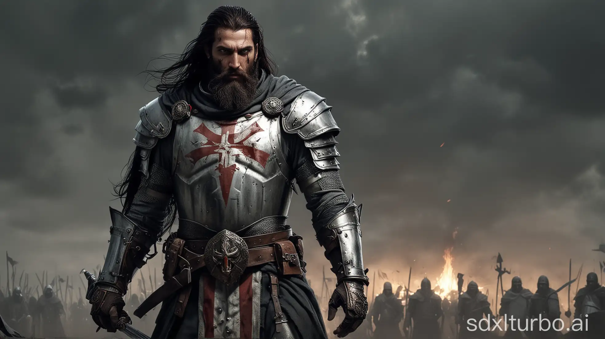 create an image of an templar knight with long dark hair and full beard on the battlefield