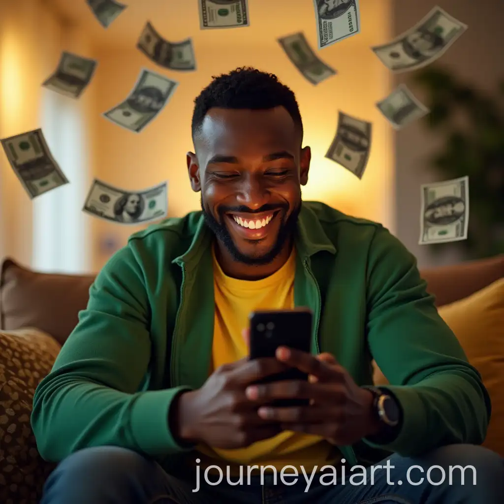 Young-Man-Smiling-at-Mobile-Phone-with-Floating-Banknotes-in-Modern-Living-Room