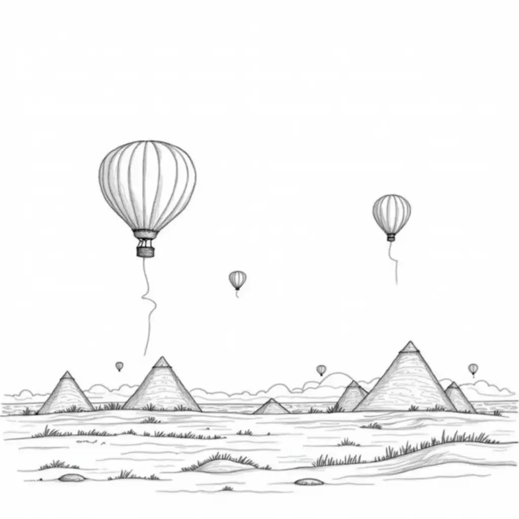 Black and white picture for coloring after of balloons flying over the piramids in Egipt