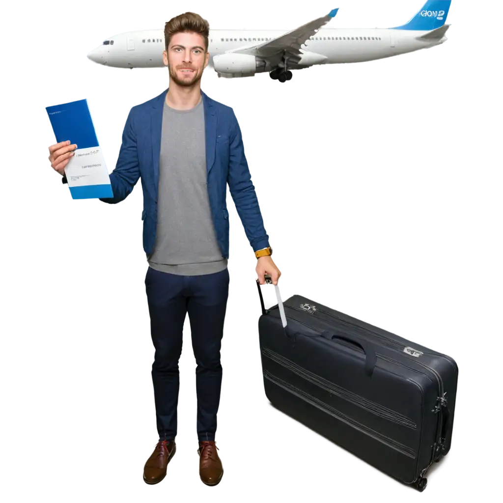 A young man holding a plane ticket next to him with travel luggage and behind him a plane and clouds