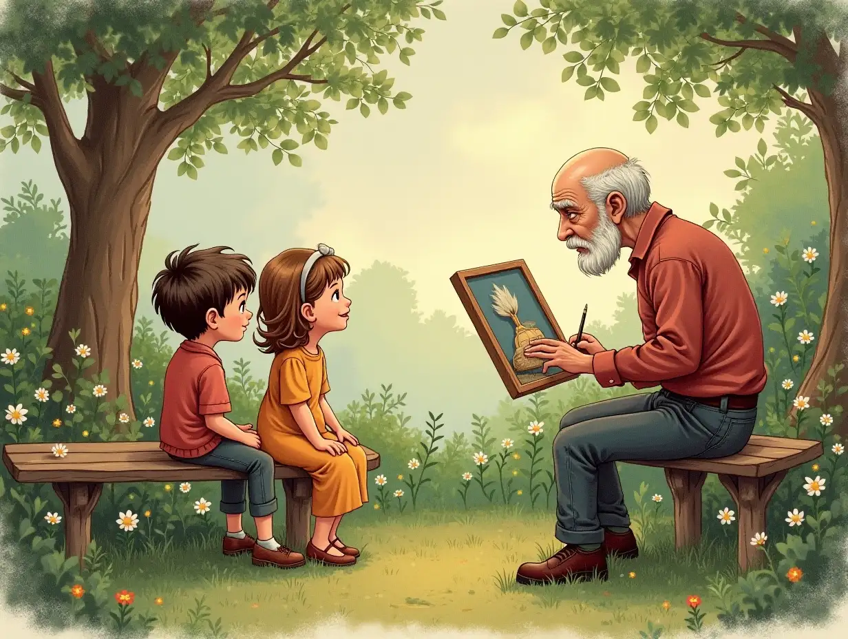 A boy and a girl sitting on a garden bench observe an old man who is painting a picture. Image in the style of old children's storybooks.