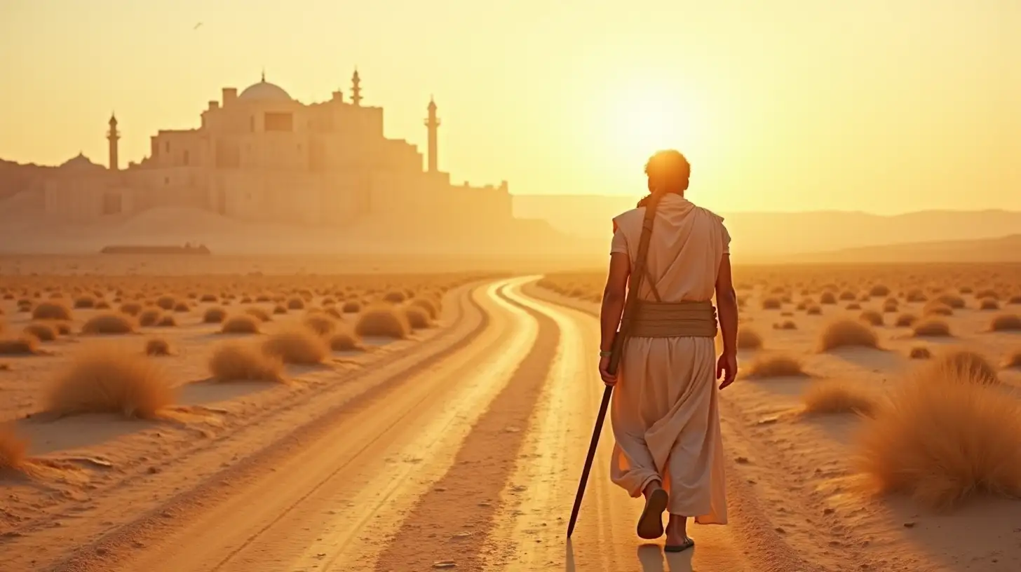 a man from the Biblical era, walking along a  long and winding desert road towards a big city from the Biblical era.