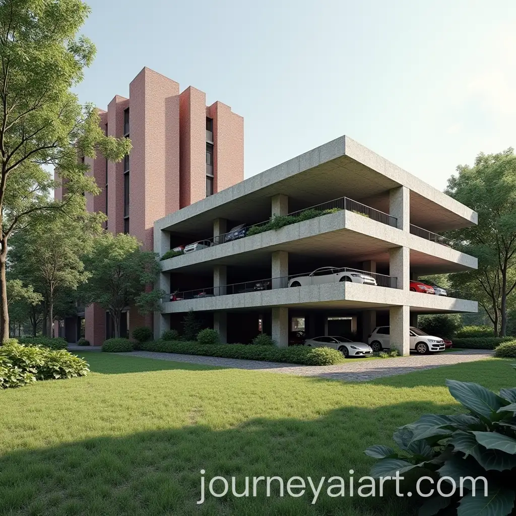 Parking-Garage-Surrounded-by-Trees-in-a-Park-with-Brick-Houses-Behind