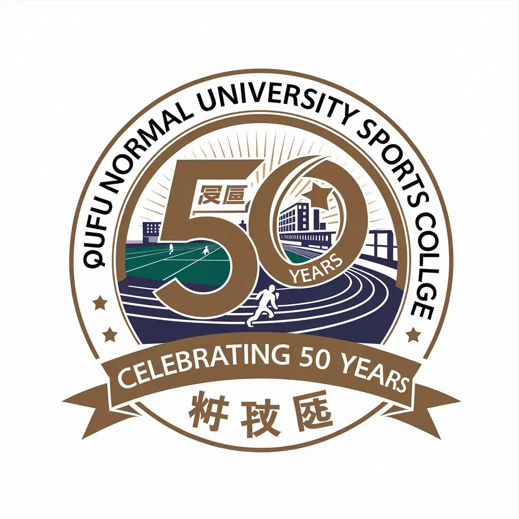 a vector logo design,with the text "Qufu Normal University Sports College", main symbol:Anniversary sports meet, 50 years, running track, students,Moderate,clear background