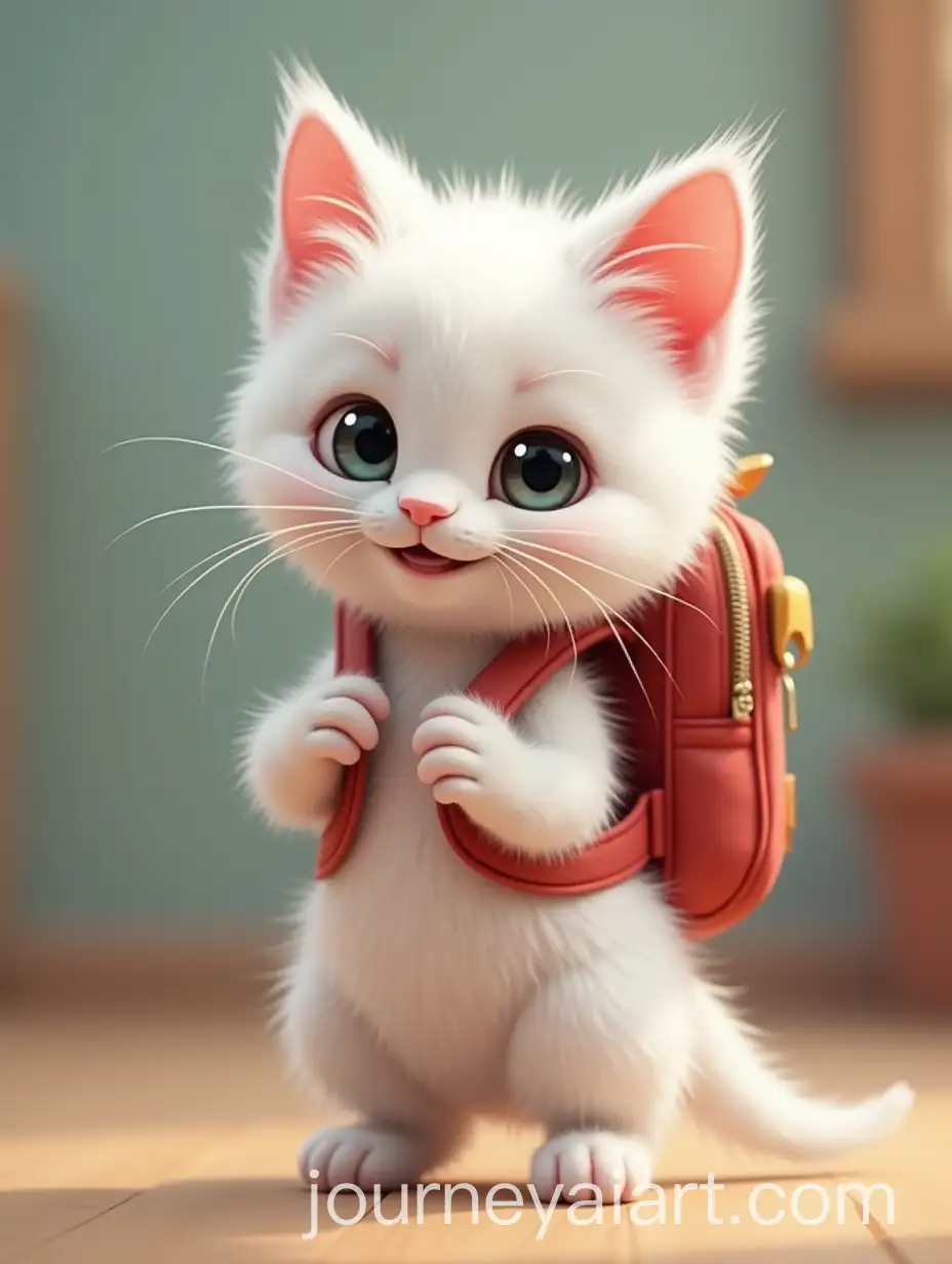 Cute-White-Kitten-in-School-with-Disney-Pixar-Backpack