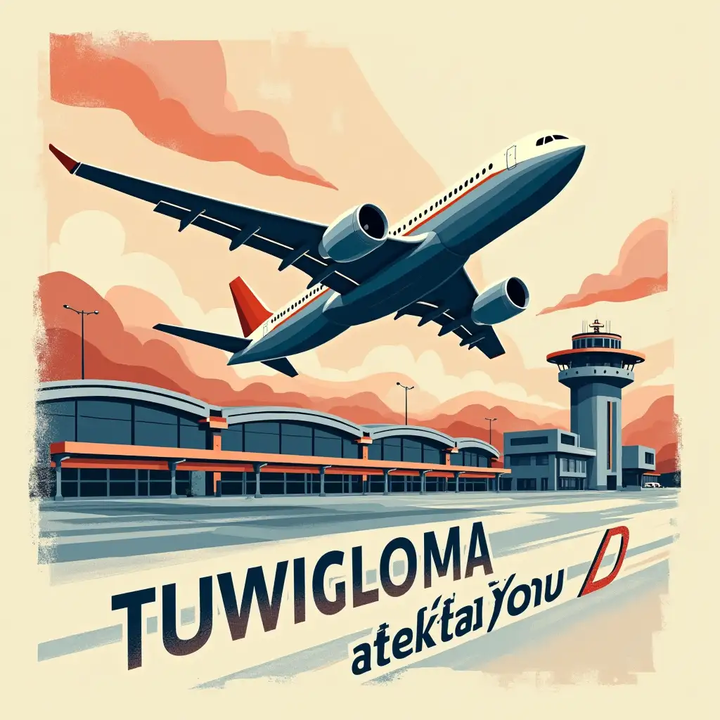 A stylized illustration of a passenger jet in flight, positioned diagonally across the image. The plane is a mix of blue and orange/light gray hues.  The background depicts a airportscape, rendered in muted tones of red, indigo in various shades, and beige, with stylized clouds obscuring parts of the buildings. The airport's architecture is blocky and somewhat abstract. The plane is centrally located within the image but not perfectly centered, tilted slightly upward, and angled towards the upper right corner of the frame. It's in a dynamic flying pose, wings slightly outstretched, with visible engine details. Text, stylized lettering, resembling a postage stamp, covers a portion of the lower half of the image, including the words 'TUWIGLOMA' and 'atneltar you ID'. The overall style is graphic and slightly textured, with a somewhat urban or industrial feel. The lighting is diffused, mimicking an overcast sky or ambient light. The colors are muted and not overly bright, creating a somewhat subdued atmosphere. The perspective is from a slightly elevated angle, giving a view of the plane in mid-flight.  Important details include the plane's design, the graphic airportscape background and the text on the stamp.