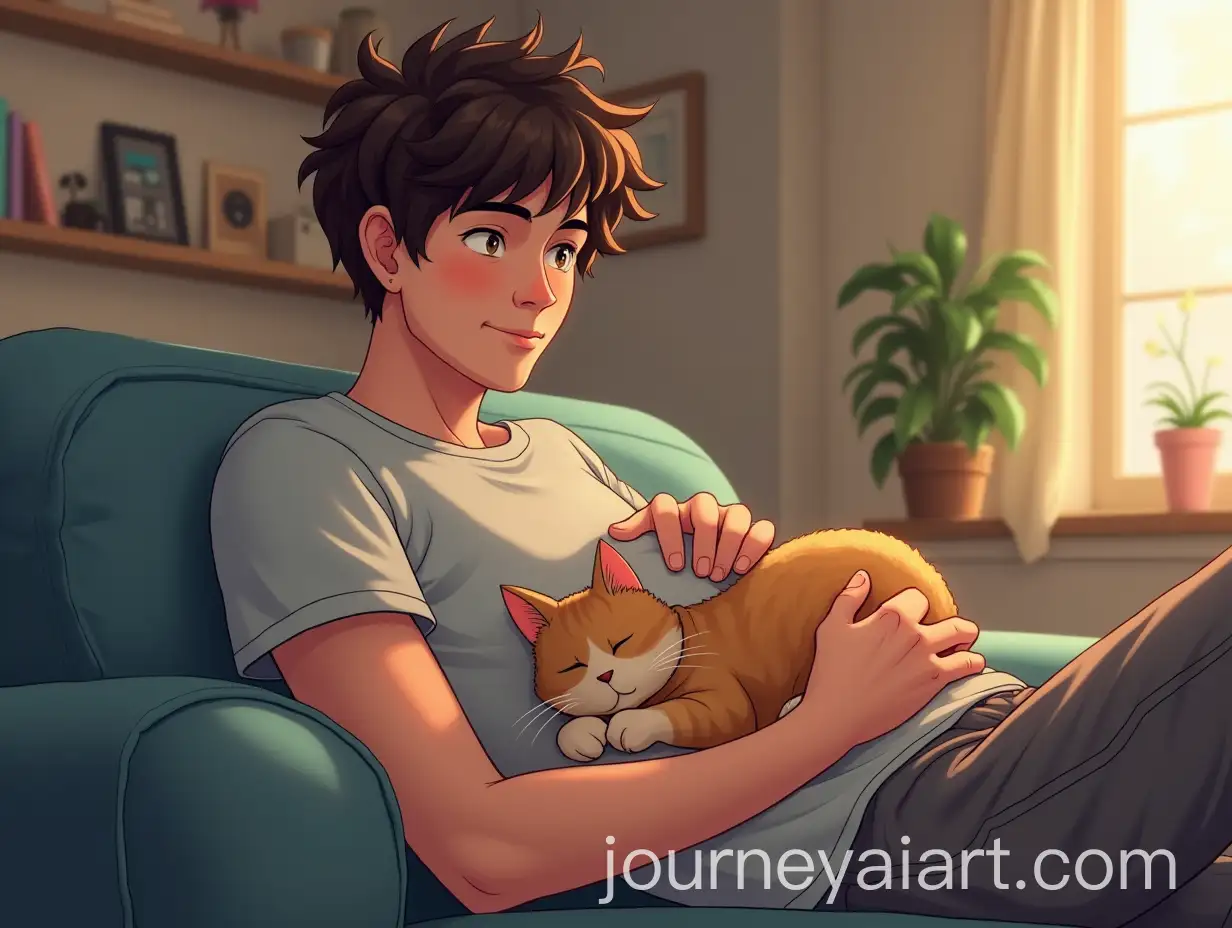 AI-Image-Prompt-ExpansionYoung-Man-Relaxing-in-Studio-Apartment-with-Cat-on-Stomach