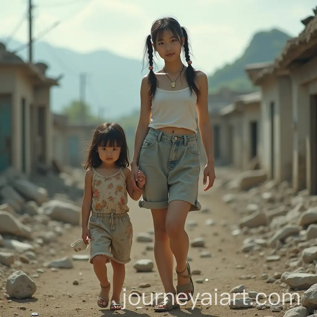 Young-Asian-Mother-and-Daughter-in-PostApocalyptic-World-with-Broken-Clothes