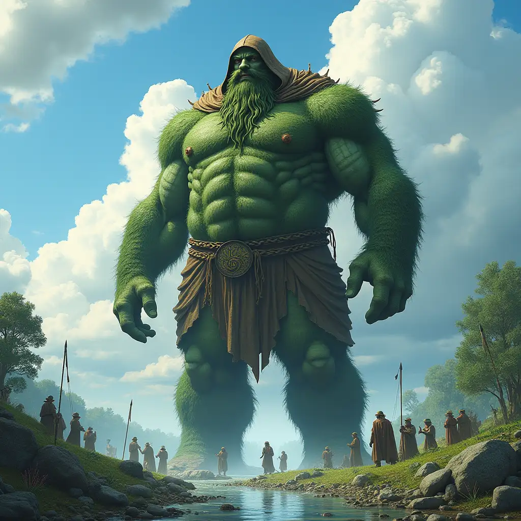 Mega titan 30 big old fashioned, meter with hood, green long beard with braids clothing to the ground, by the river, plants, tree spears, fish, blue sky, strong clouds with many people