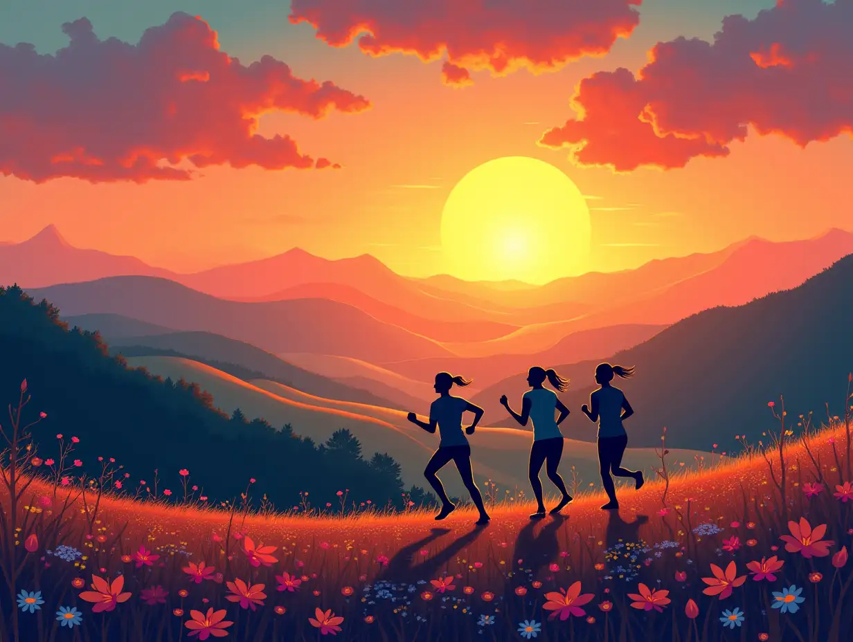 A motivational banner featuring a vibrant sunrise over a sprawling landscape of rolling hills and blooming flowers, with silhouettes of women running towards the horizon. The design is infused with a sense of energy, determination, and the beauty of new beginnings, perfectly aligning with the health and wellness theme. Negative prompt: no dark or muted colors, no static poses, no stormy weather, no urban or indoor environment, no night scenes, no solitary figures, no aggressive or tense atmosphere, no cluttered composition, no monochrome palette, no dull or lifeless landscapes.