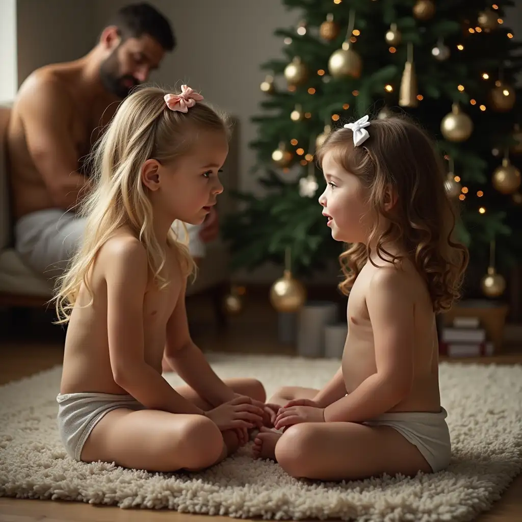 Two-Girls-and-Father-in-Front-of-Christmas-Tree-Holiday-Family-Scene