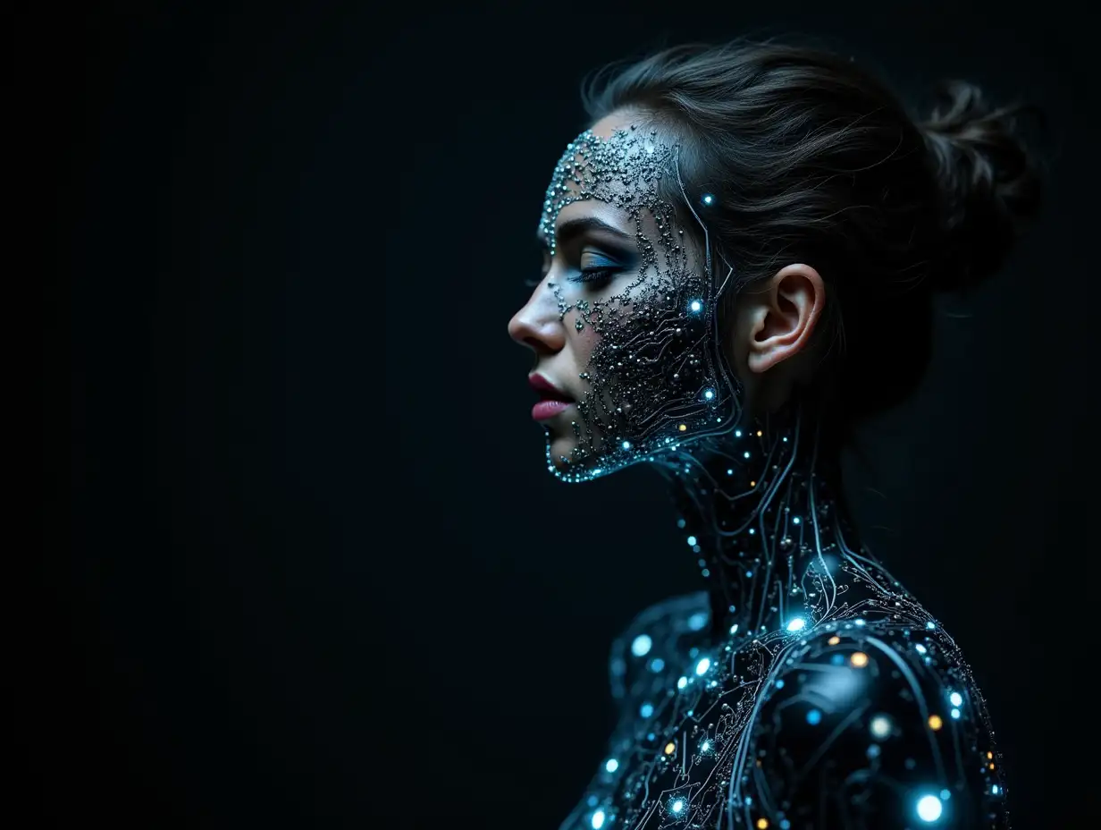 beautiful inner tribal cyborg woman merging with electronic circuitry against dark background