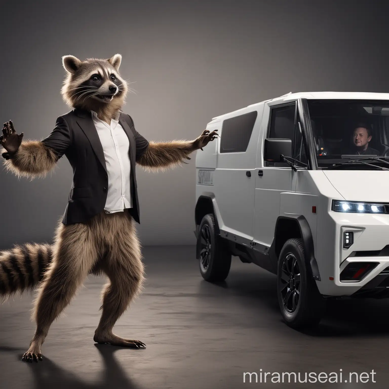 Elon Musk and Gay Furry Raccoon Dancing with Cybertruck