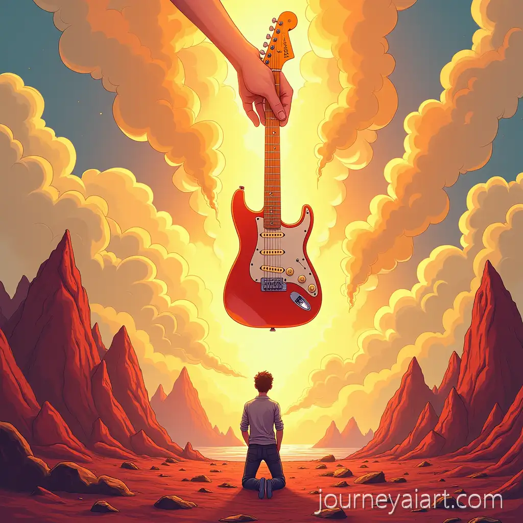 Young-Musician-KneMusician-and-Divine-Guitareling-Before-Divine-Floating-Electric-Guitar-in-Mythical-Landscape