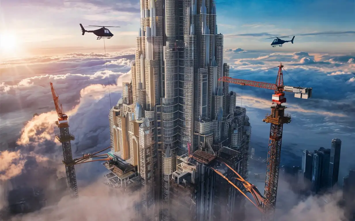 Massive Giant Building Under Construction with Helicopters