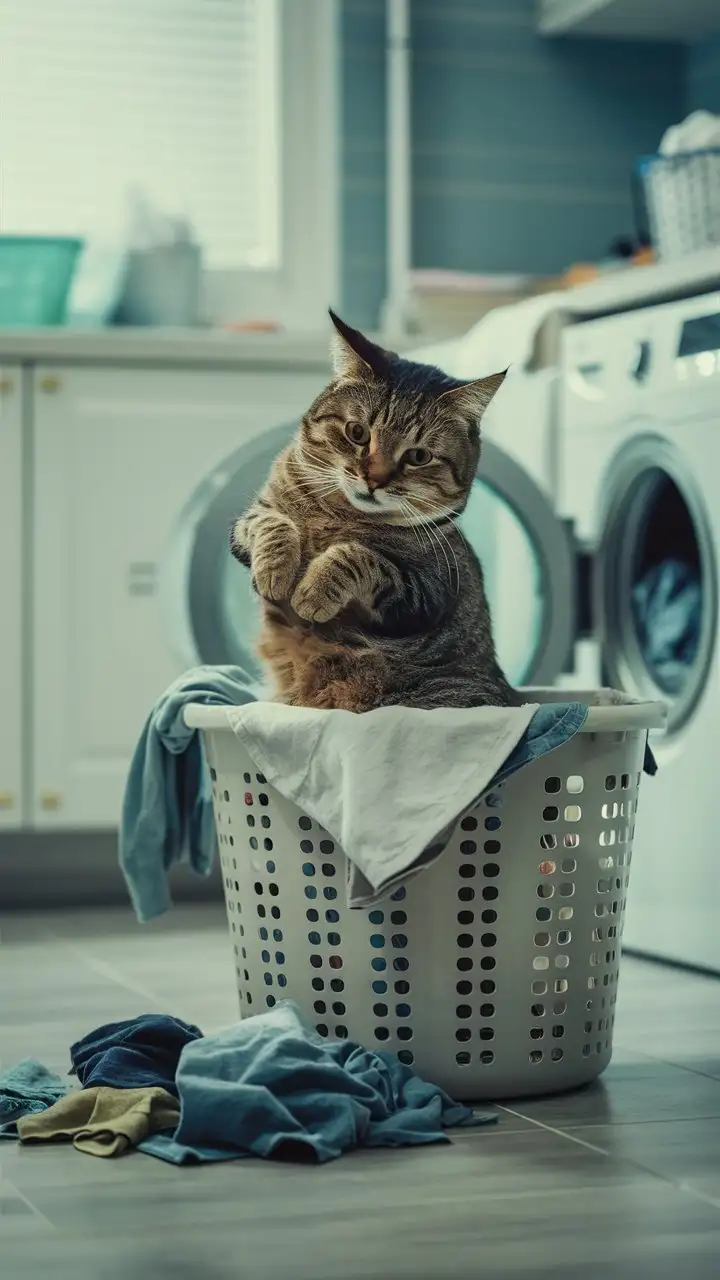 A medium shot, slightly low-angle view of a tabby cat launching itself out of an overflowing laundry basket. The basket is tipped over slightly, and clothes are spilling out. The cat is mid-air, paws tucked in, body curled, with a slightly startled expression. The laundry room is bright and functional, with a washing machine and dryer visible in the background. Playful and energetic, real cat, daytime, bright, slightly muted colors, medium depth of field