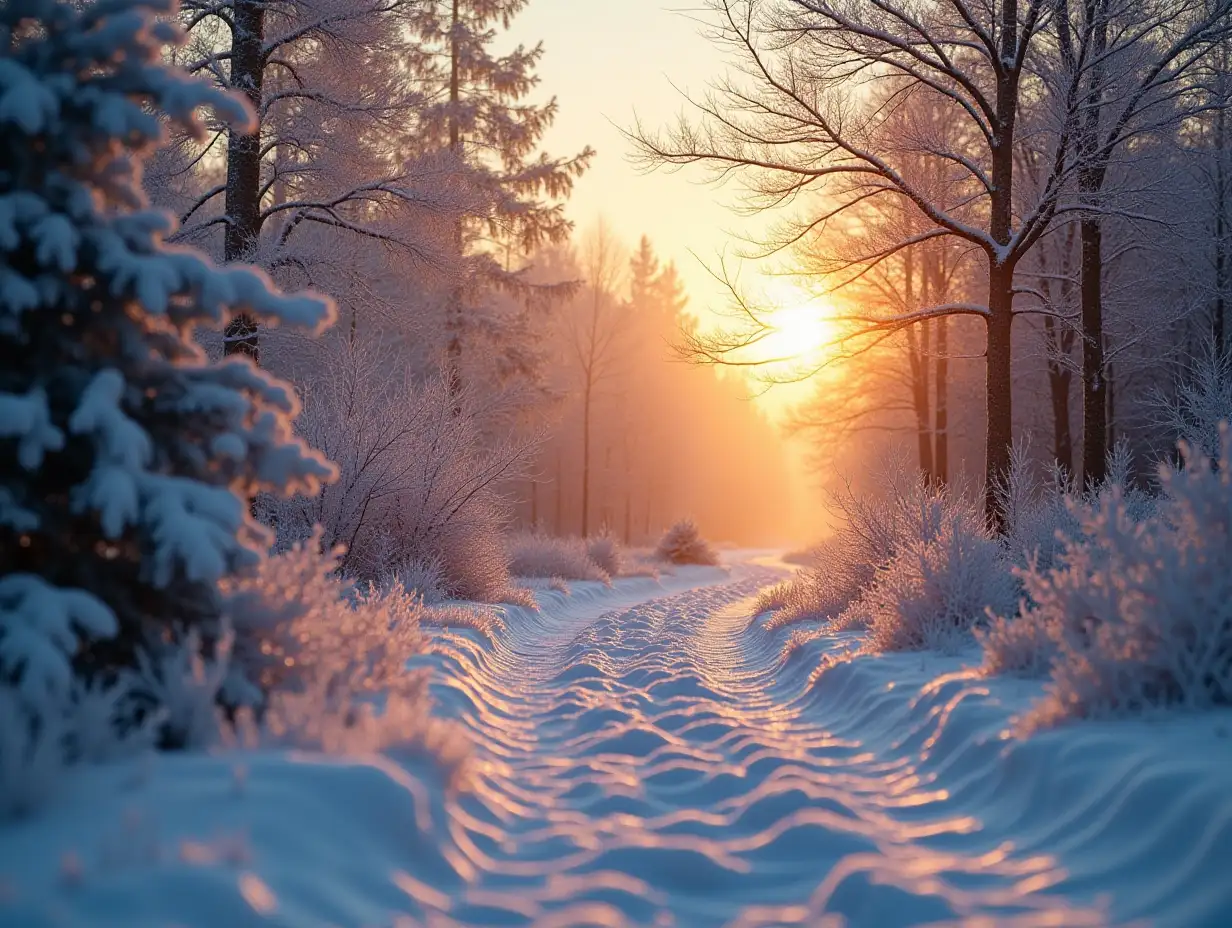 Winter nature landscape at sunrise. Frosty trees in morning sunlight. Christmas background.